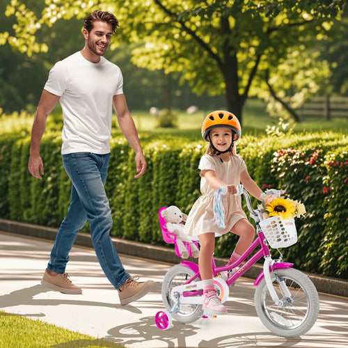 Kids Bike 14 Inch, Training Wheels, 2 Brake System, Rose Red