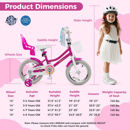 Kids Bike 14 Inch, Training Wheels, 2 Brake System, Rose Red Kids Bike at Gallery Canada