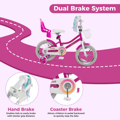 Kids Bike 14 Inch, Training Wheels, 2 Brake System, Rose Red Kids Bike at Gallery Canada