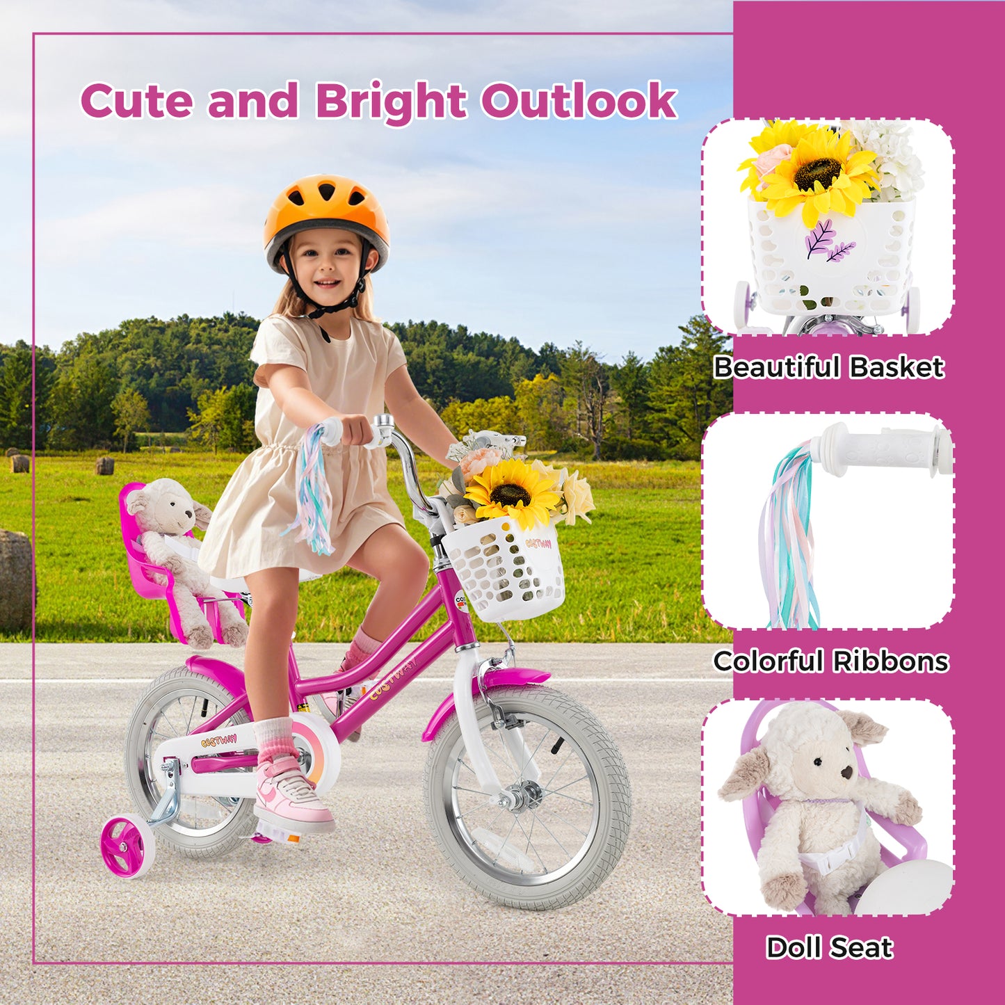 Kids Bike 14 Inch, Training Wheels, 2 Brake System, Rose Red Kids Bike at Gallery Canada