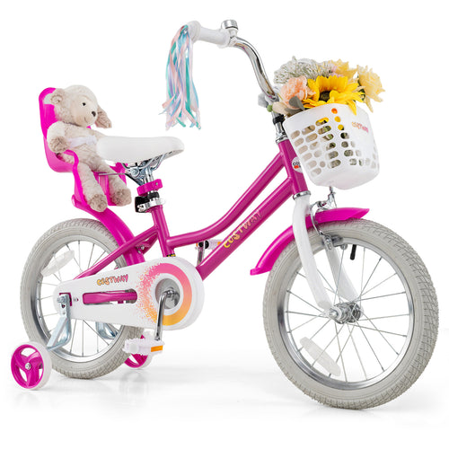 Kids Bike 16 Inch, Training Wheels, 2 Brake System, Rose Red