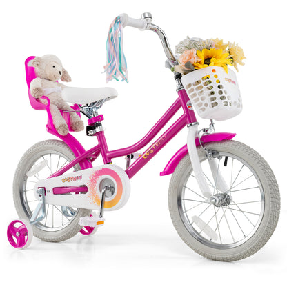 Kids Bike 16 Inch, Training Wheels, 2 Brake System, Rose Red