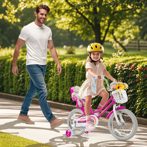 Kids Bike 16 Inch, Training Wheels, 2 Brake System, Rose Red