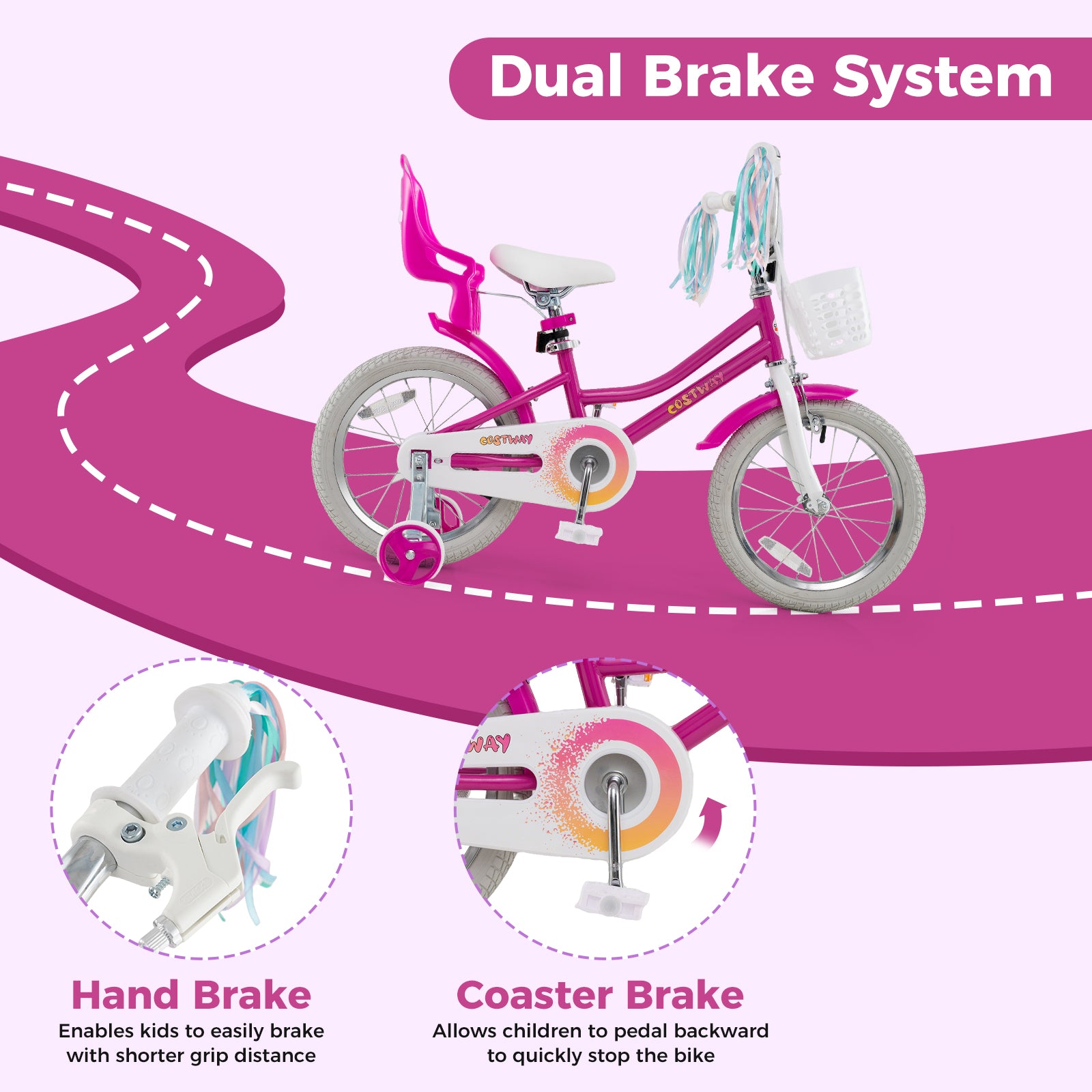 Kids Bike 16 Inch, Training Wheels, 2 Brake System, Rose Red Kids Bike at Gallery Canada