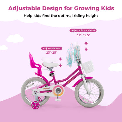Kids Bike 16 Inch, Training Wheels, 2 Brake System, Rose Red Kids Bike at Gallery Canada