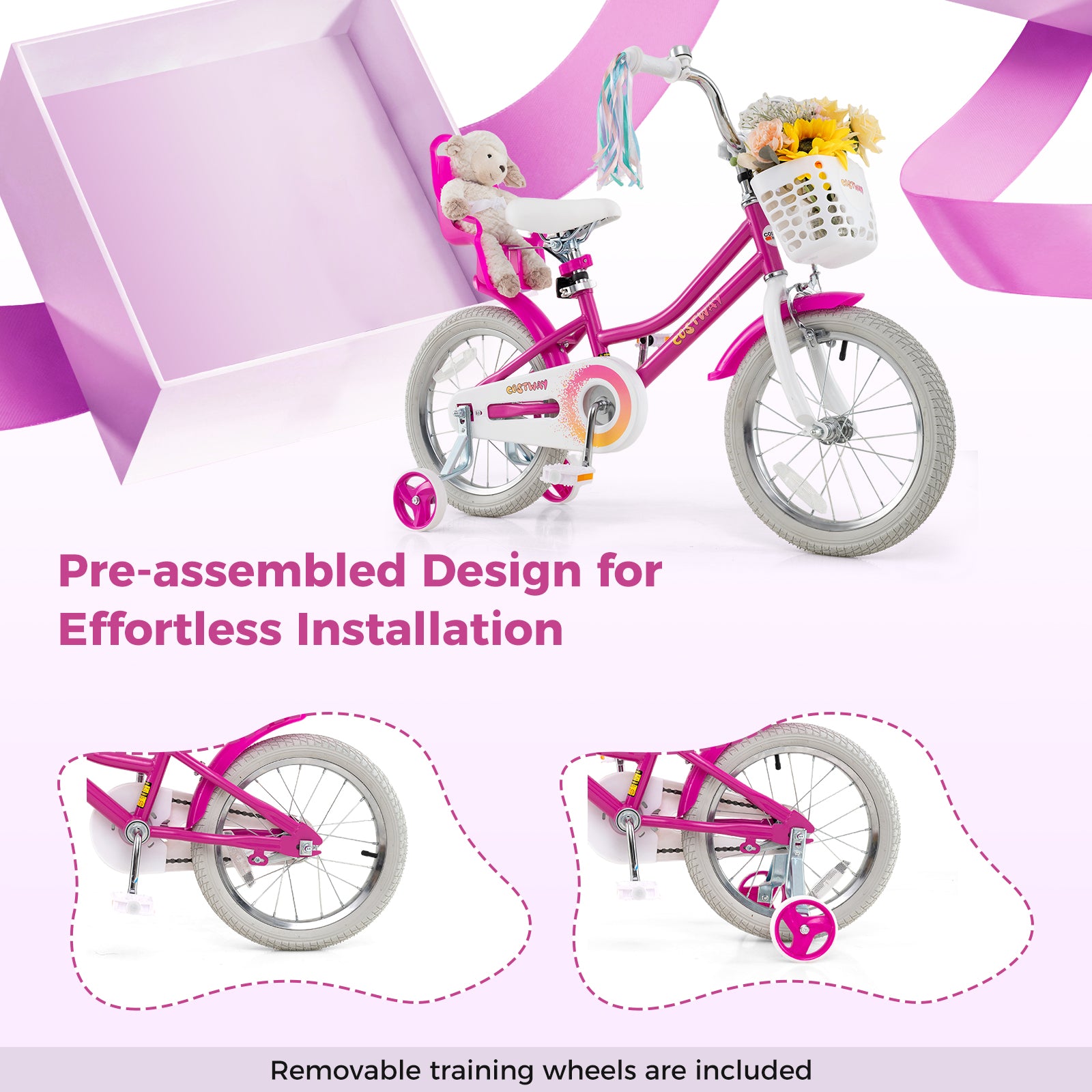Kids Bike 16 Inch, Training Wheels, 2 Brake System, Rose Red Kids Bike at Gallery Canada