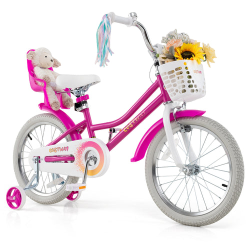 Kids Bike 18 Inch, Training Wheels, 2 Brake System, 4-8 Years, Rose Red