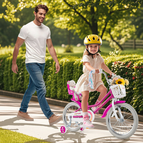 Kids Bike 18 Inch, Training Wheels, 2 Brake System, 4-8 Years, Rose Red