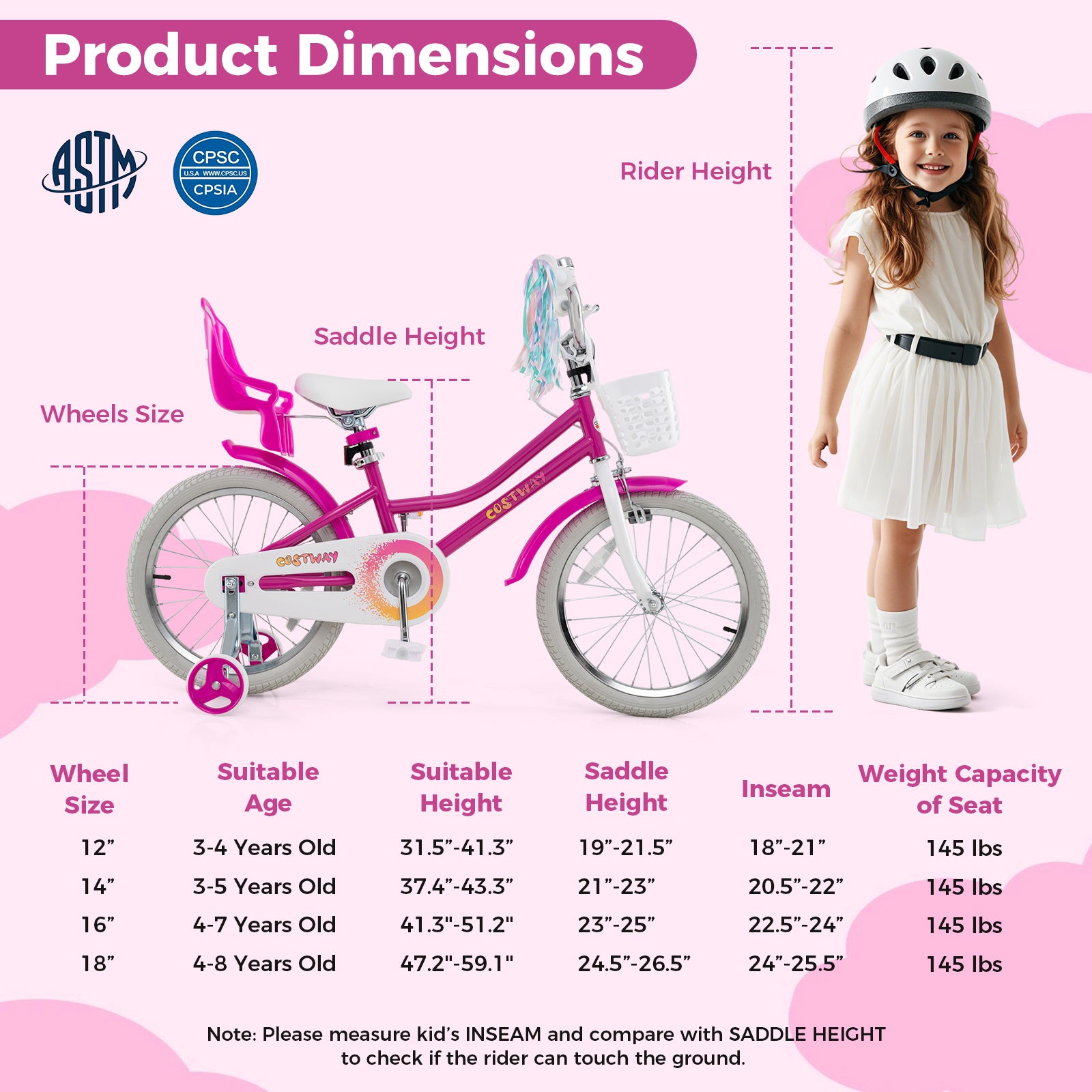 Kids Bike 18 Inch, Training Wheels, 2 Brake System, 4-8 Years, Rose Red Kids Bike at Gallery Canada