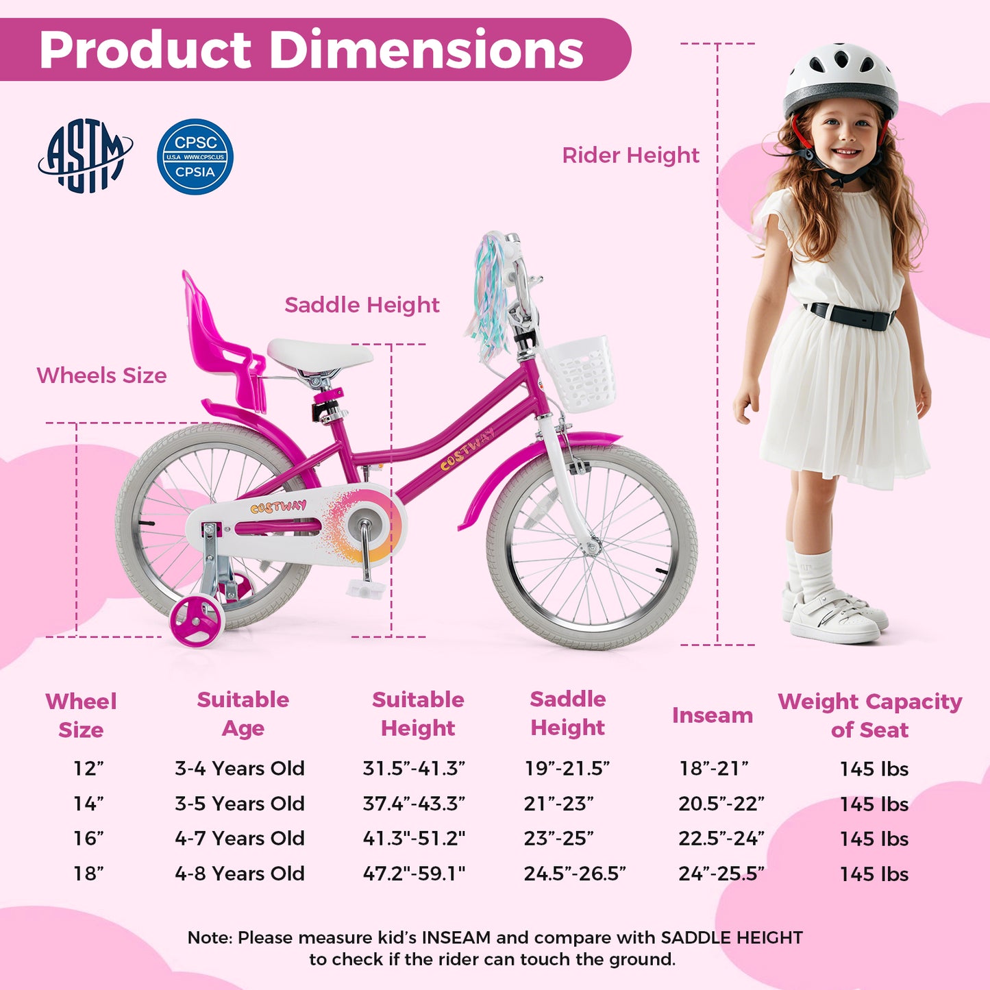 Kids Bike 18 Inch, Training Wheels, 2 Brake System, 4-8 Years, Rose Red Kids Bike at Gallery Canada