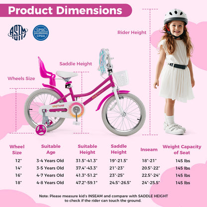 Kids Bike 18 Inch, Training Wheels, 2 Brake System, 4-8 Years, Rose Red Kids Bike at Gallery Canada