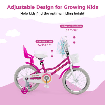 Kids Bike 18 Inch, Training Wheels, 2 Brake System, 4-8 Years, Rose Red Kids Bike at Gallery Canada
