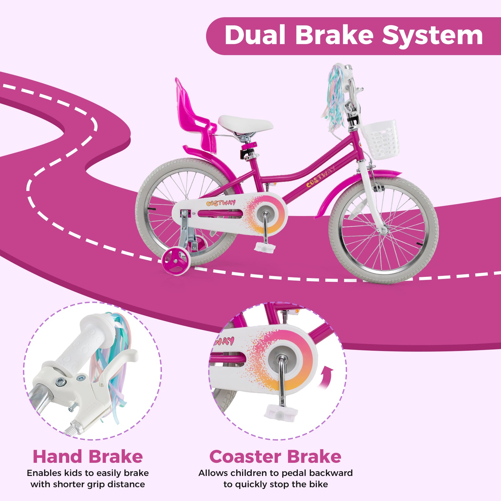Kids Bike 18 Inch, Training Wheels, 2 Brake System, 4-8 Years, Rose Red Kids Bike at Gallery Canada