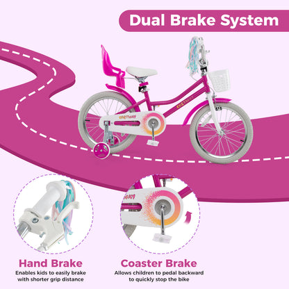 Kids Bike 18 Inch, Training Wheels, 2 Brake System, 4-8 Years, Rose Red Kids Bike at Gallery Canada