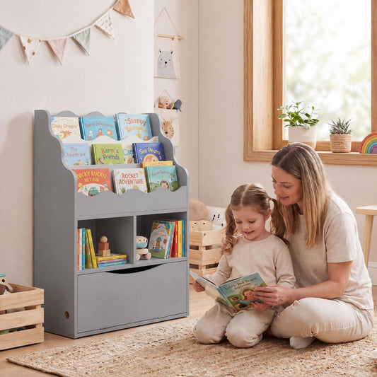 3-Tier Kids Bookcase with Shelves, Open Cubes, Flip Down Cabinet, Gray Bookcases Gray at Gallery Canada