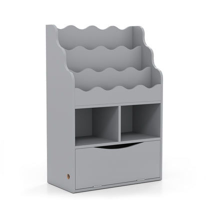 3-Tier Kids Sling Bookcase, Open Cubes, Flip Down Cabinet, Gray