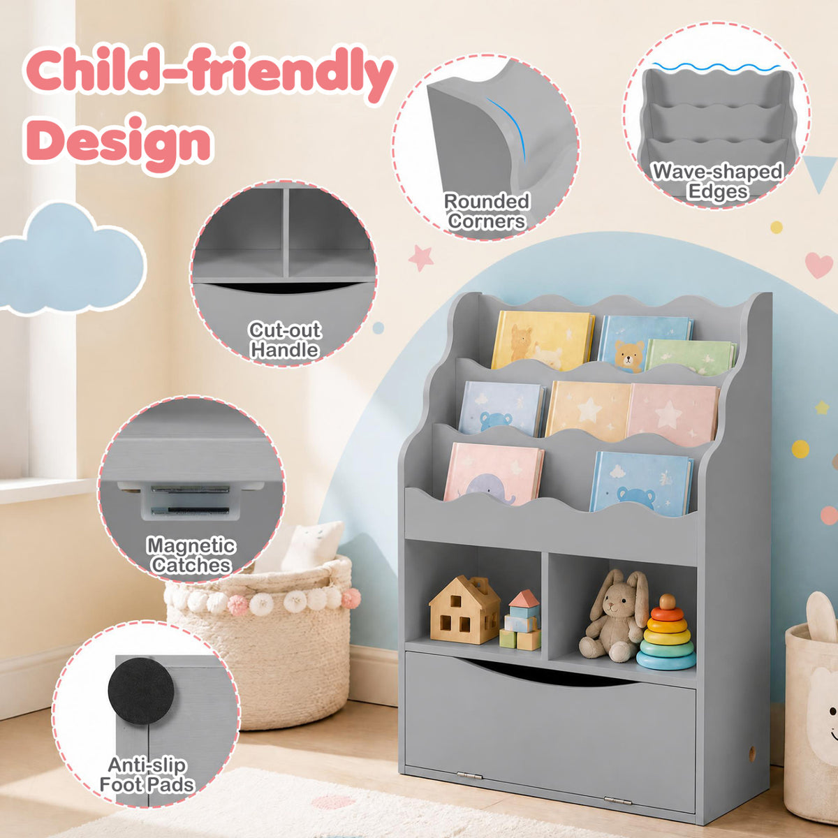 3-Tier Kids Sling Bookcase, Open Cubes, Flip Down Cabinet, Gray