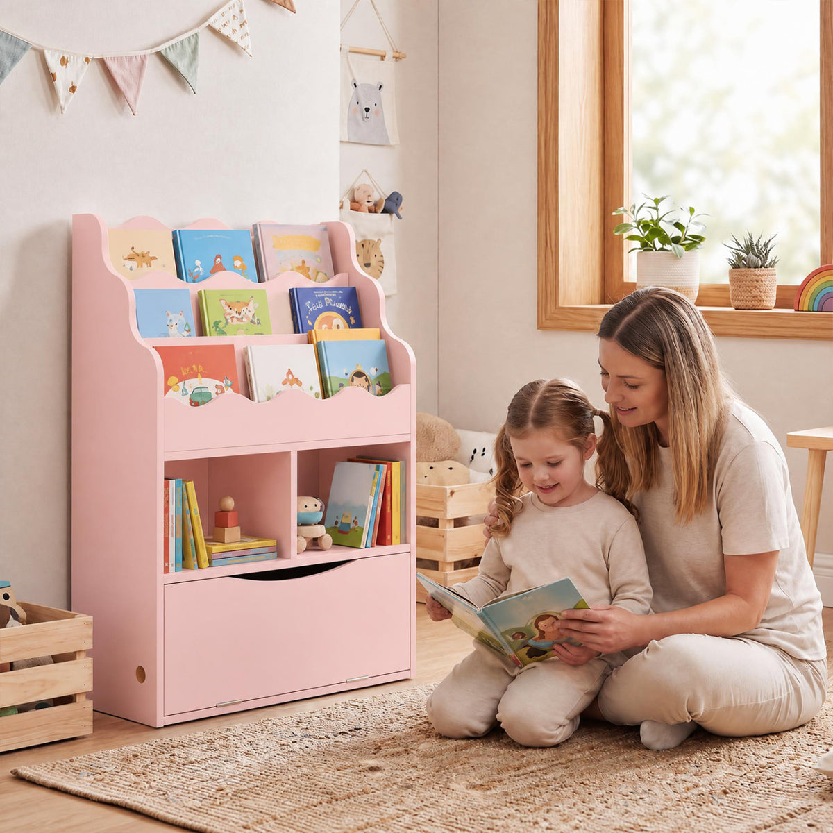 Kids 3-Tier Sling Bookcase, Open Cubes, Pink