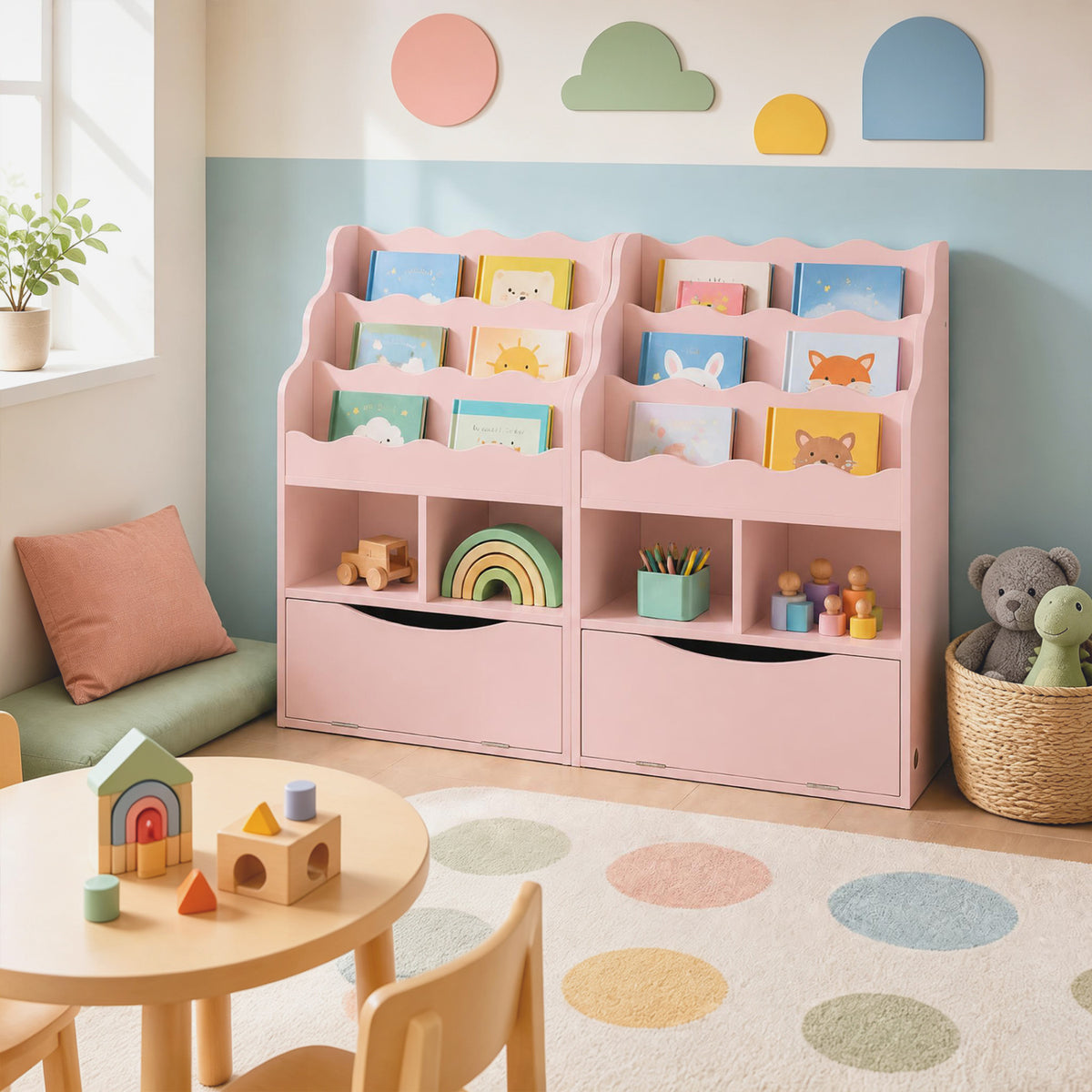 Kids 3-Tier Sling Bookcase, Open Cubes, Pink