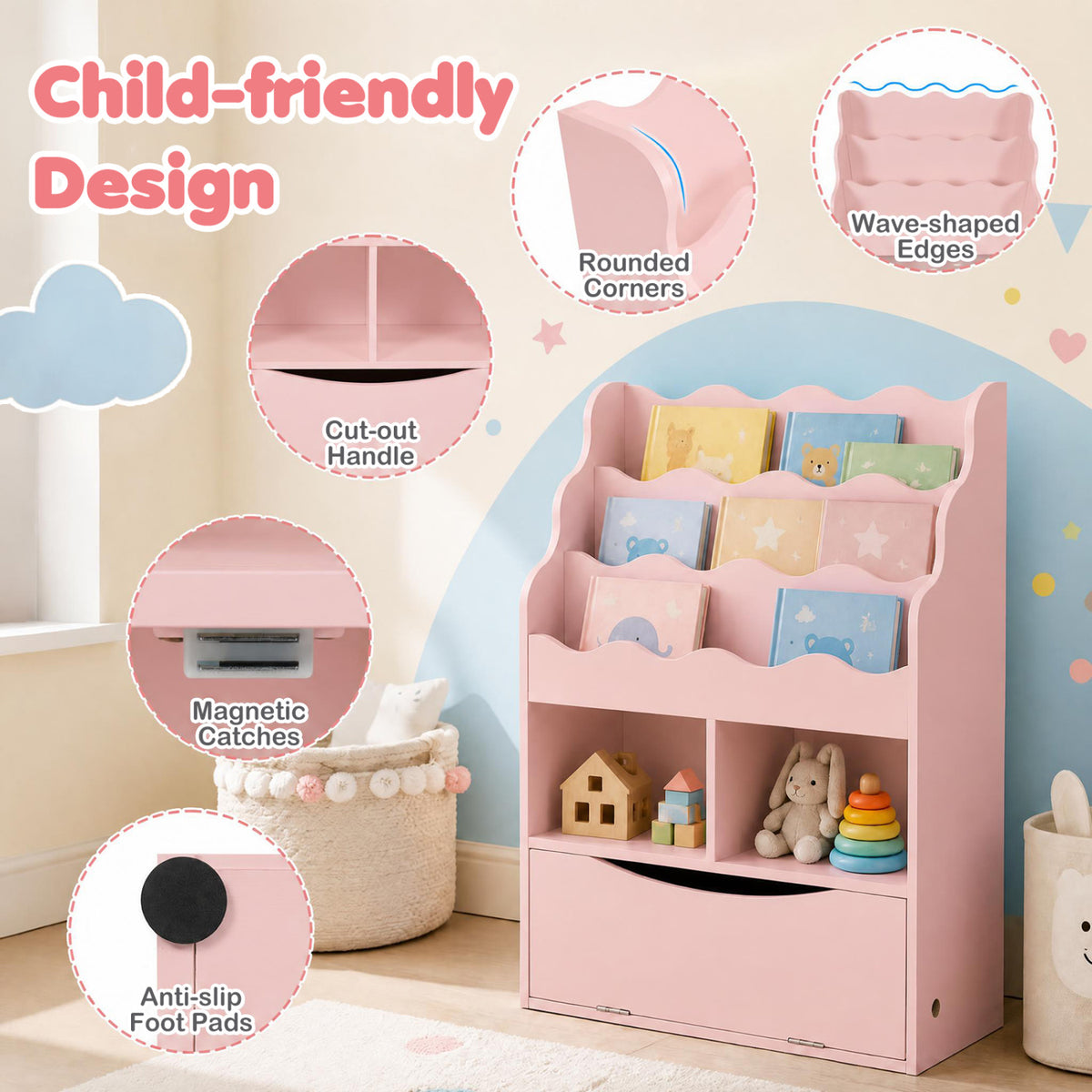 Kids 3-Tier Sling Bookcase, Open Cubes, Pink
