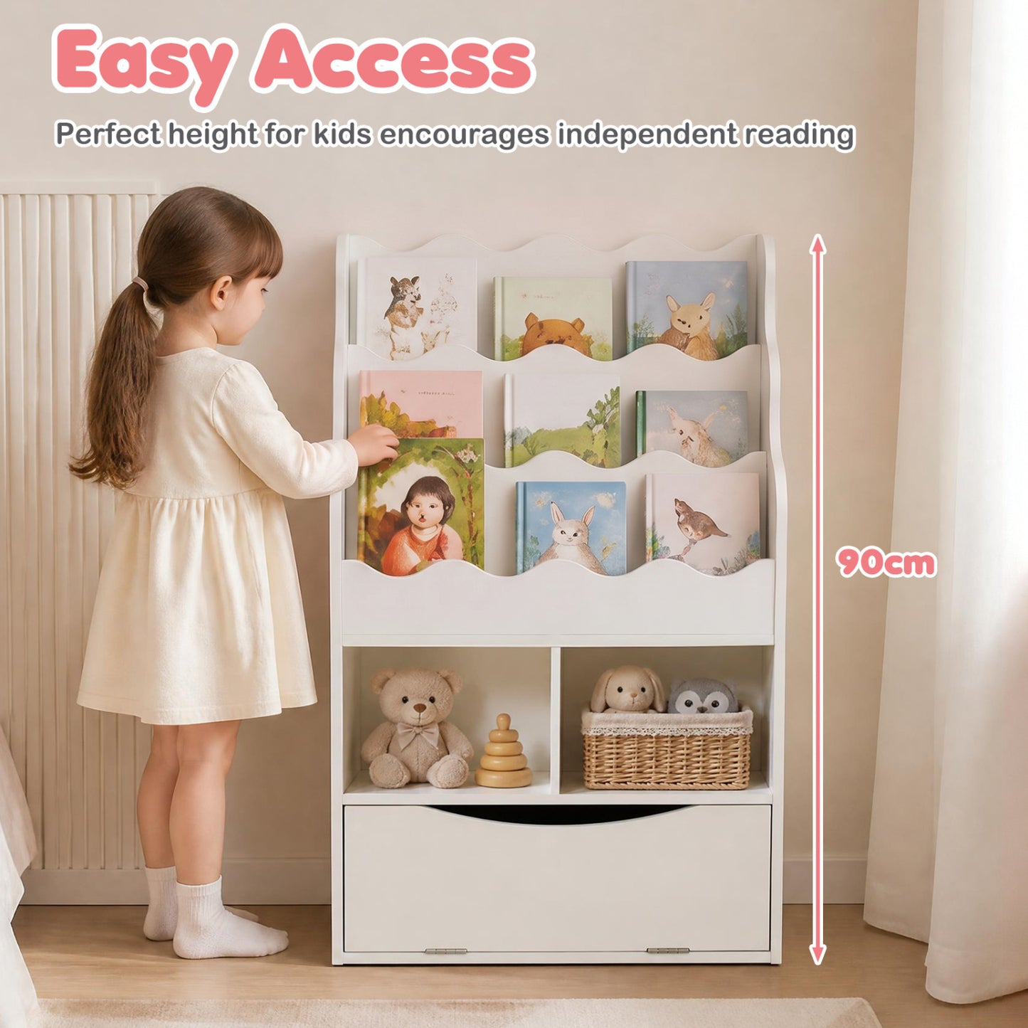 3-Tier Kids Bookcase, Sling Bookshelf with Cubes, Flip Down Cabinet, White