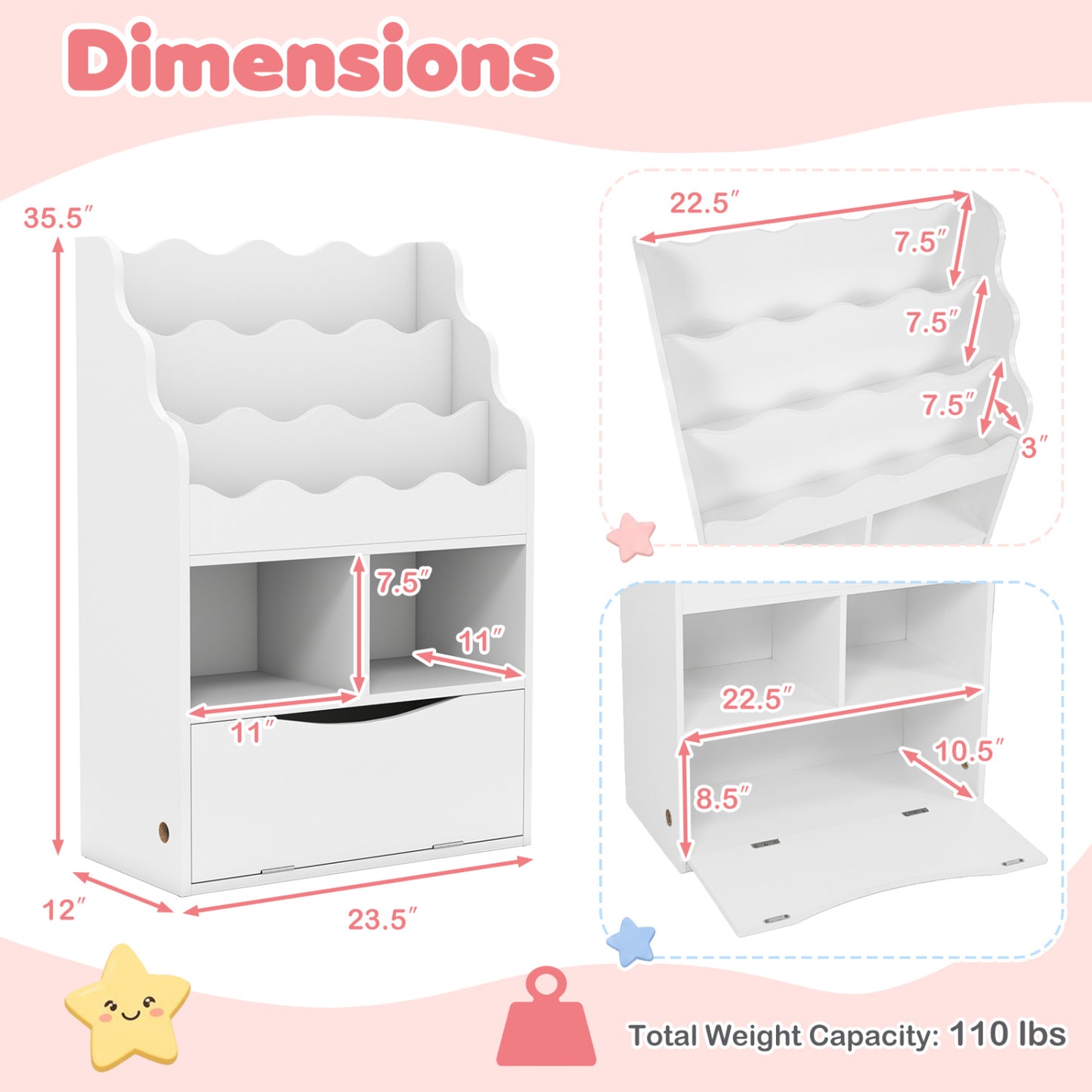 3-Tier Kids Bookcase, Sling Bookshelf with Cubes, Flip Down Cabinet, White