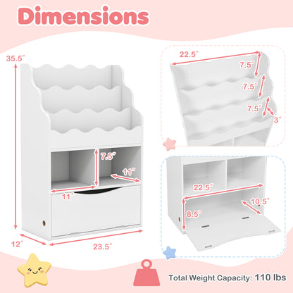 3-Tier Kids Bookcase, Sling Bookshelf with Cubes, Flip Down Cabinet, White