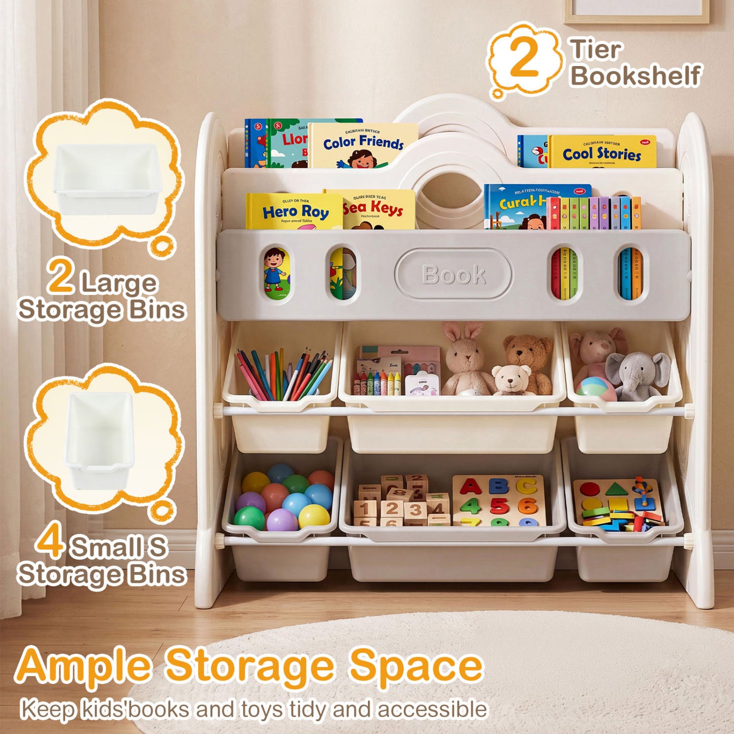 Kids Bookshelf With 2 Front-Facing Racks, Toy Storage Organizer