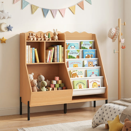 Kids Wooden Bookshelf with 5 Fabric Pockets, Natural