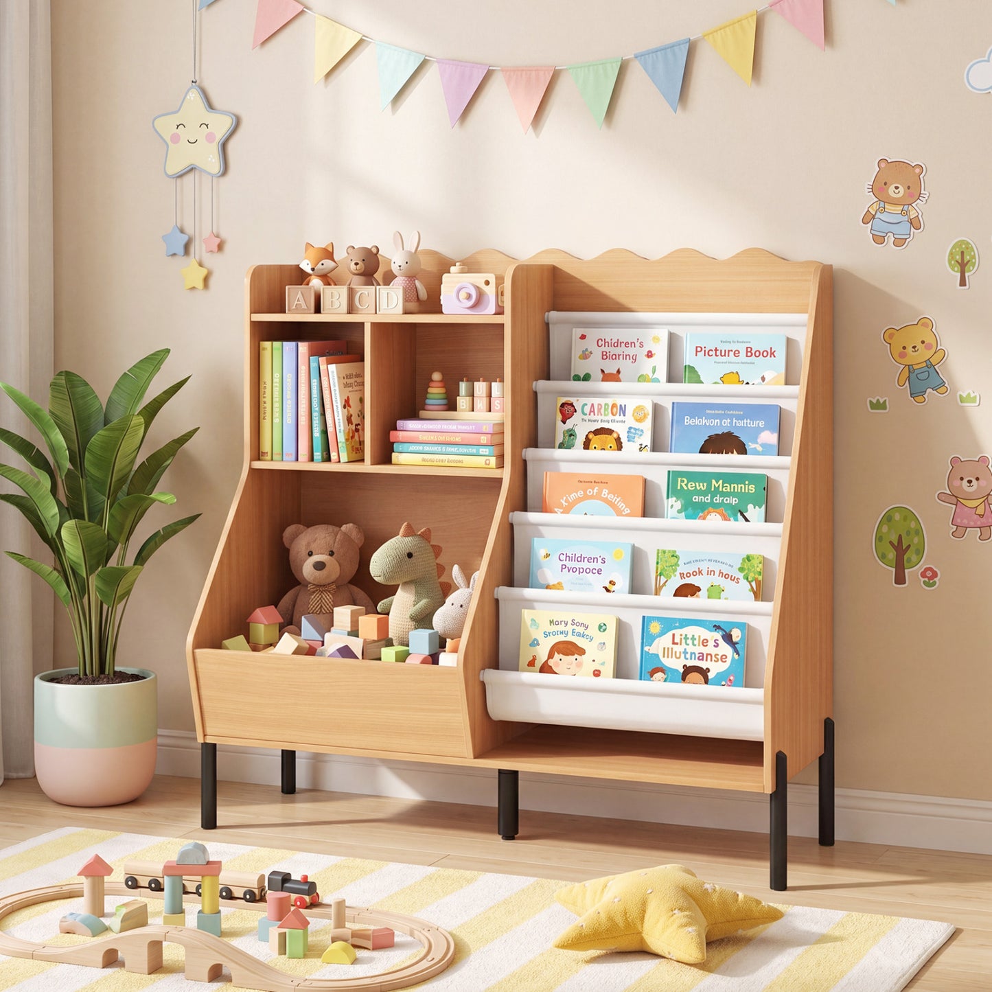 Kids Wooden Bookshelf with 5 Fabric Pockets, Natural