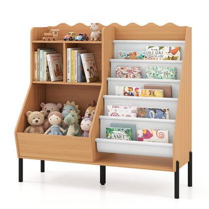 Kids Wooden Bookshelf with 5 Fabric Pockets, Natural
