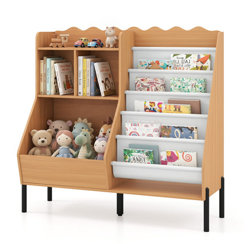 Kids Wooden Bookshelf with 5 Fabric Pockets, Natural