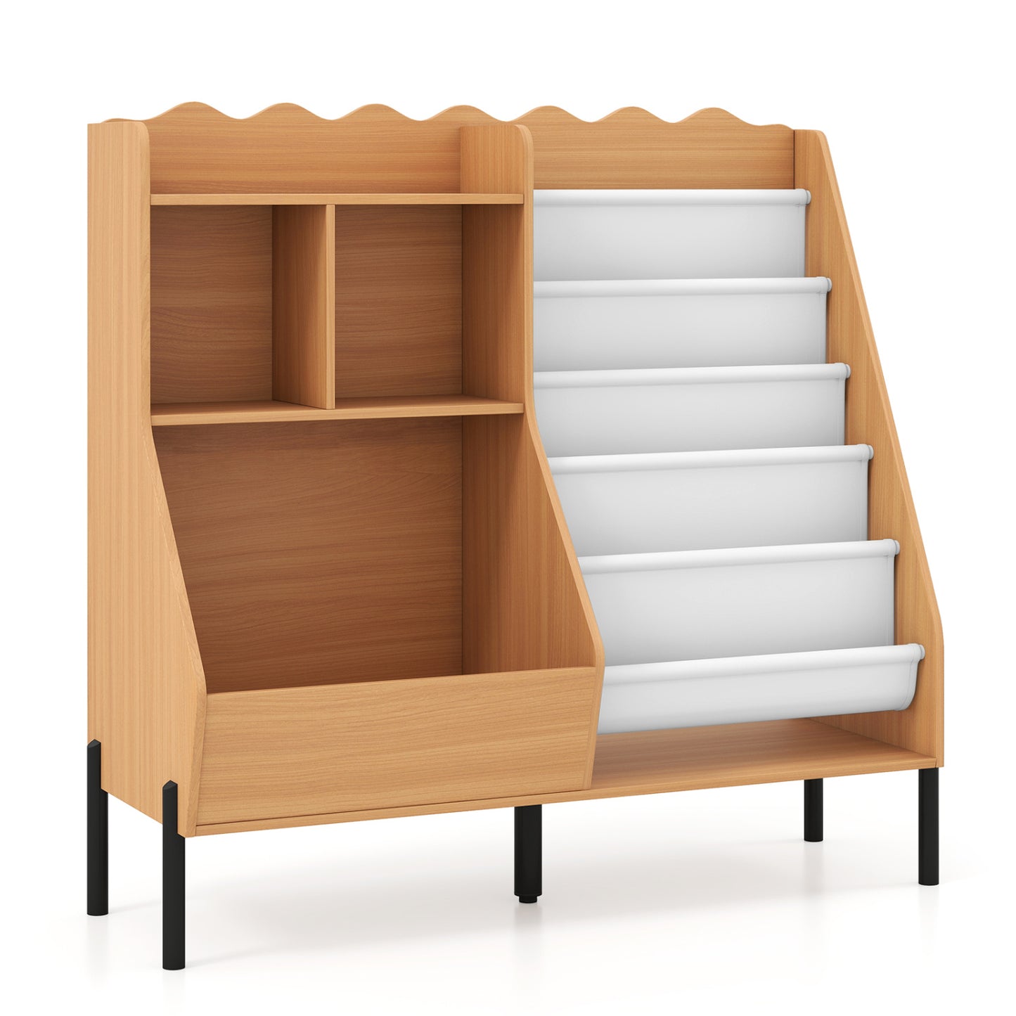 Kids Wooden Bookshelf with 5 Fabric Pockets, Natural