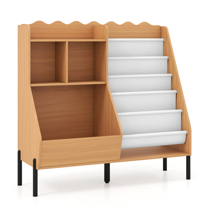 Kids Wooden Bookshelf with 5 Fabric Pockets, Natural