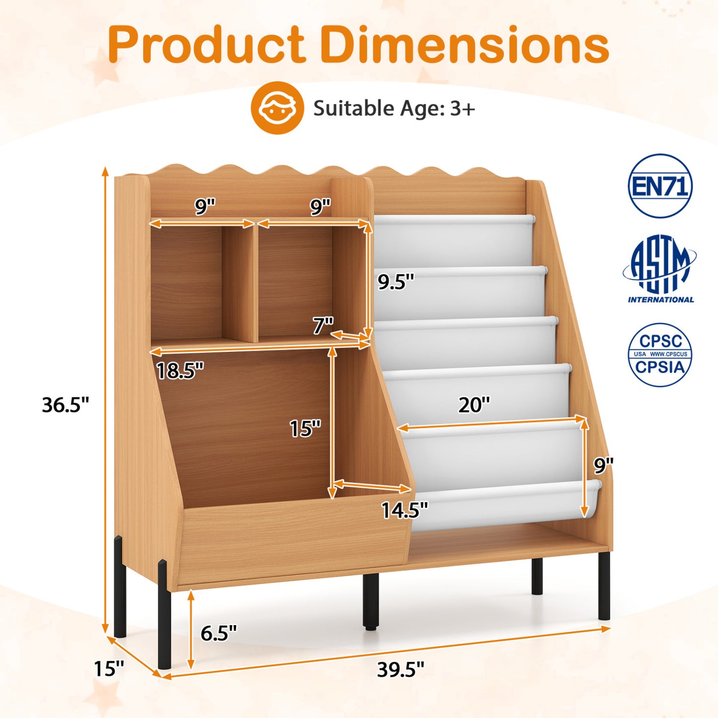 Kids Wooden Bookshelf with 5 Fabric Pockets, Natural