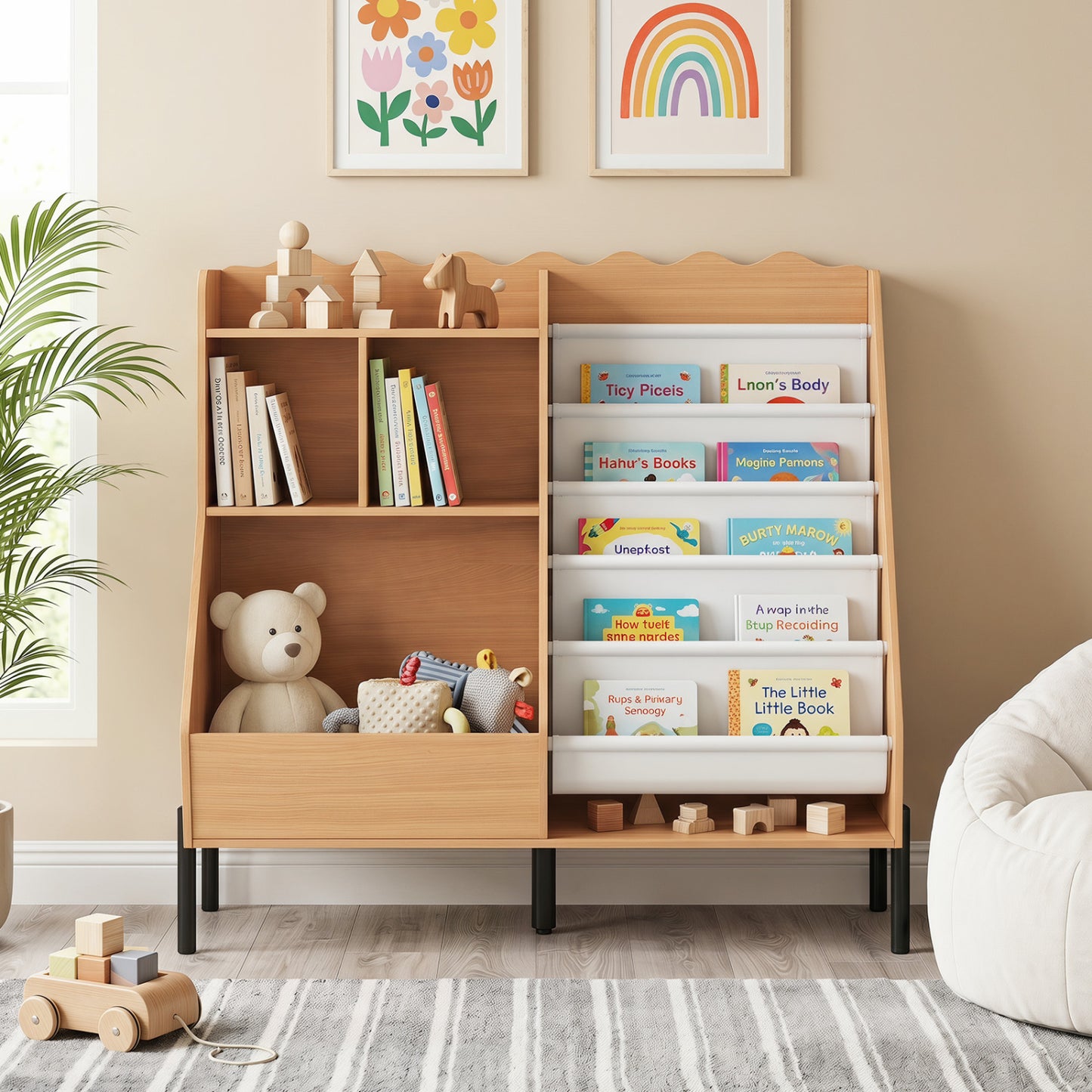 Kids Wooden Bookshelf with 5 Fabric Pockets, Natural