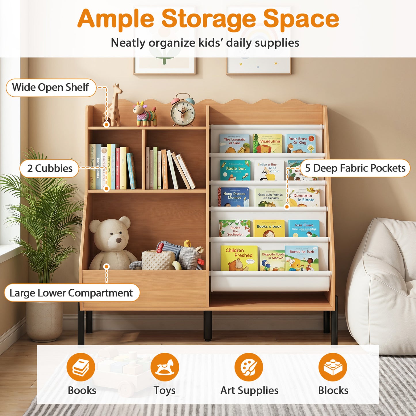 Kids Wooden Bookshelf with 5 Fabric Pockets, Natural