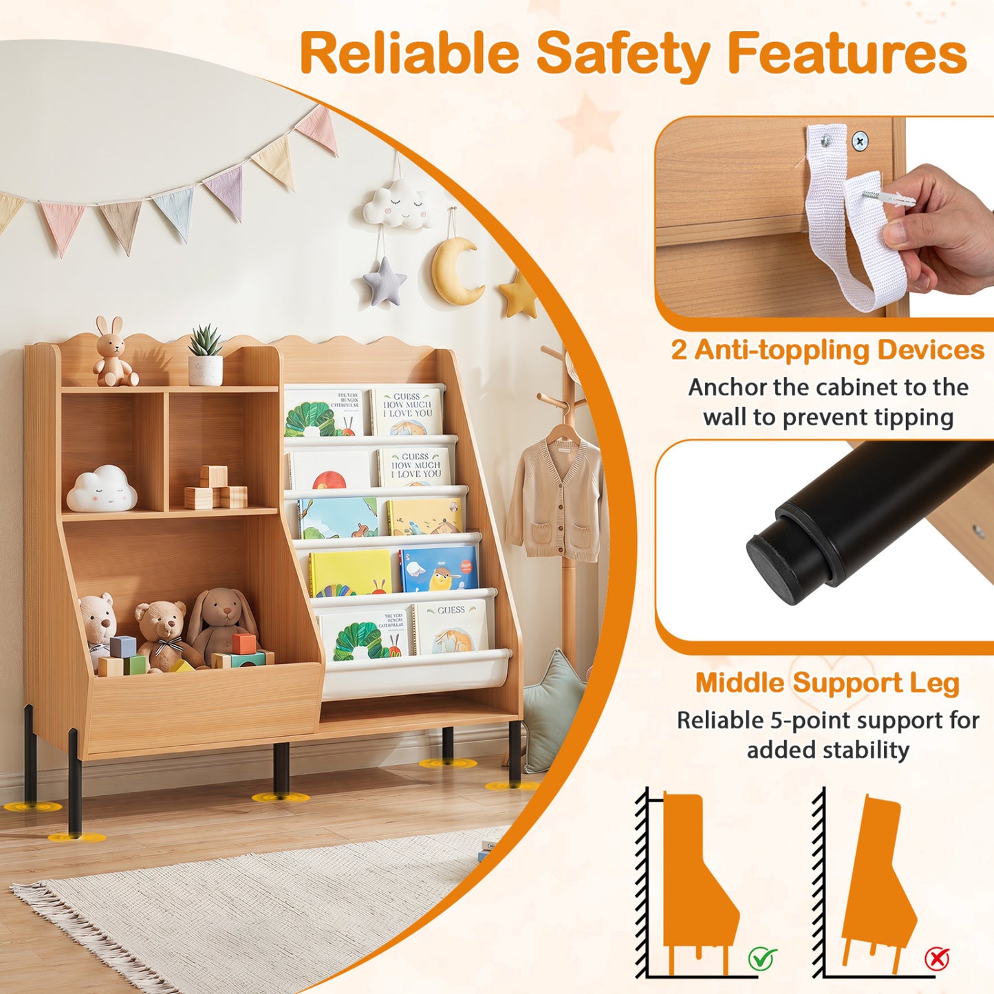 Kids Wooden Bookshelf with 5 Fabric Pockets, Natural