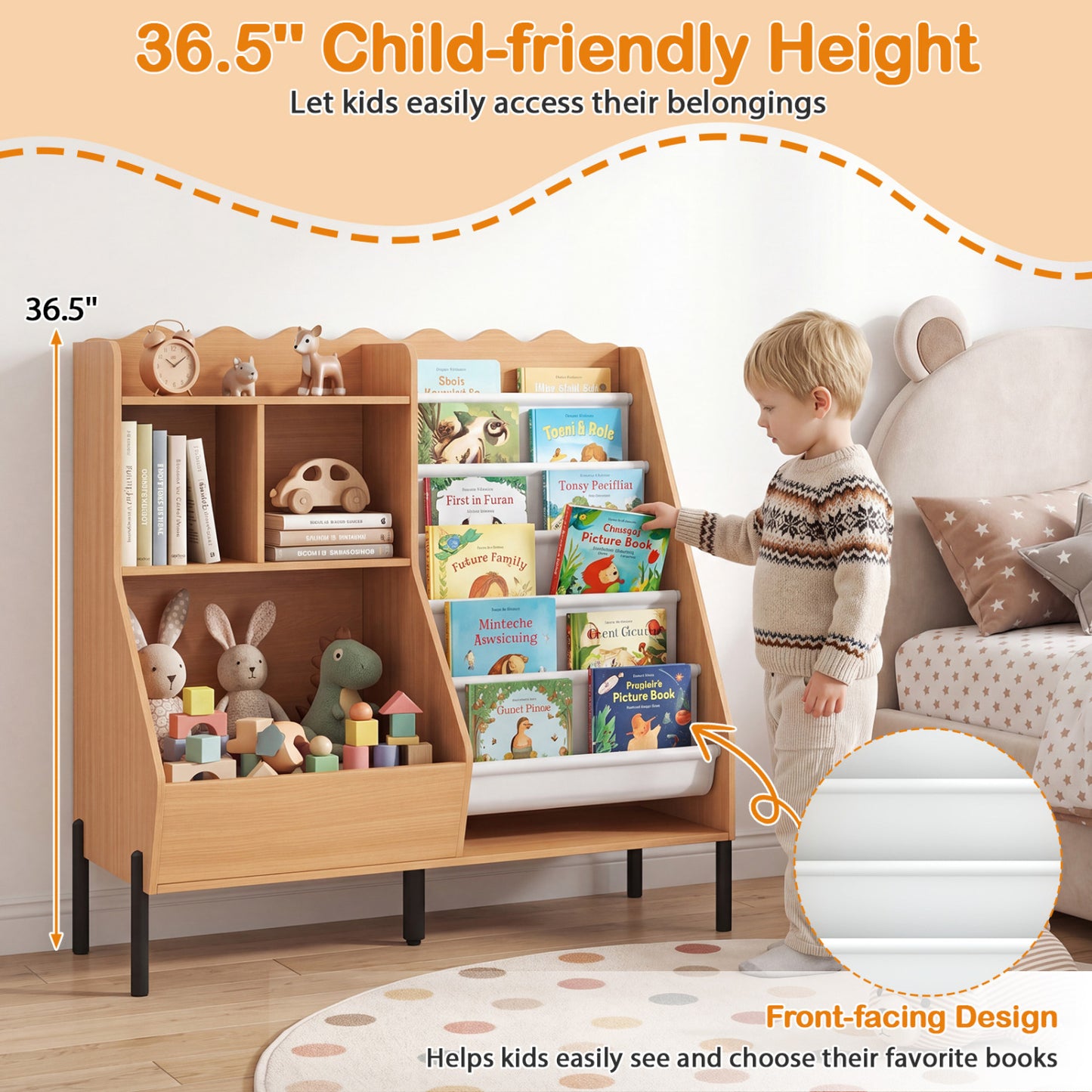 Kids Wooden Bookshelf with 5 Fabric Pockets, Natural