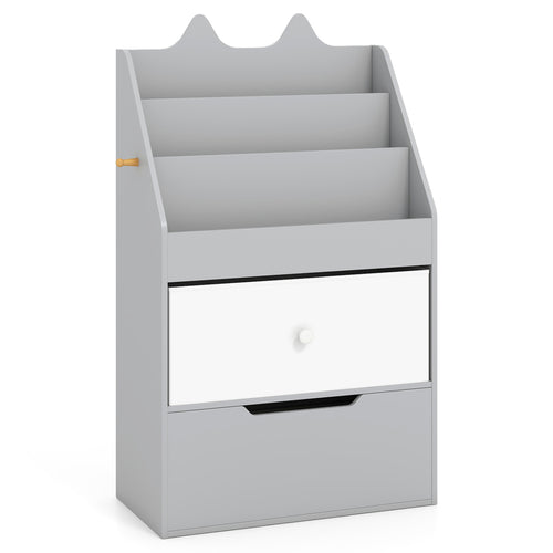 Kids Bookshelf, Toy Storage Organizer, Drawers, Hook, Gray