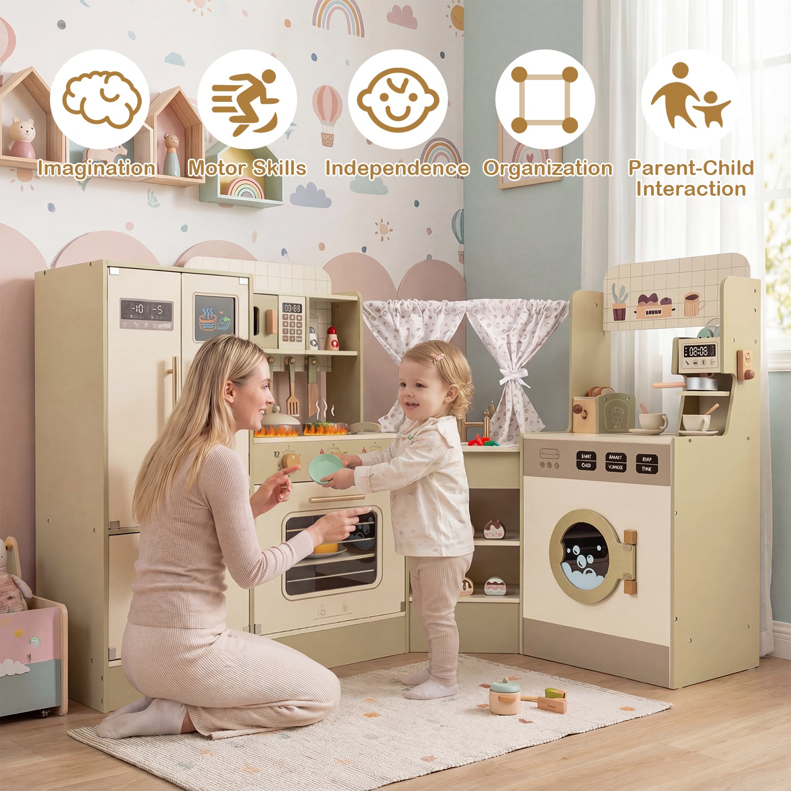 Kids Corner Play Kitchen with Faucet and Dishwasher and Stoves, Green Play Kitchen Sets at Gallery Canada