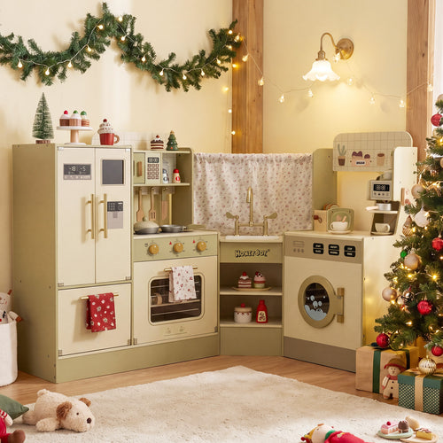 Kids Corner Play Kitchen with Faucet and Dishwasher and Stoves, Green
