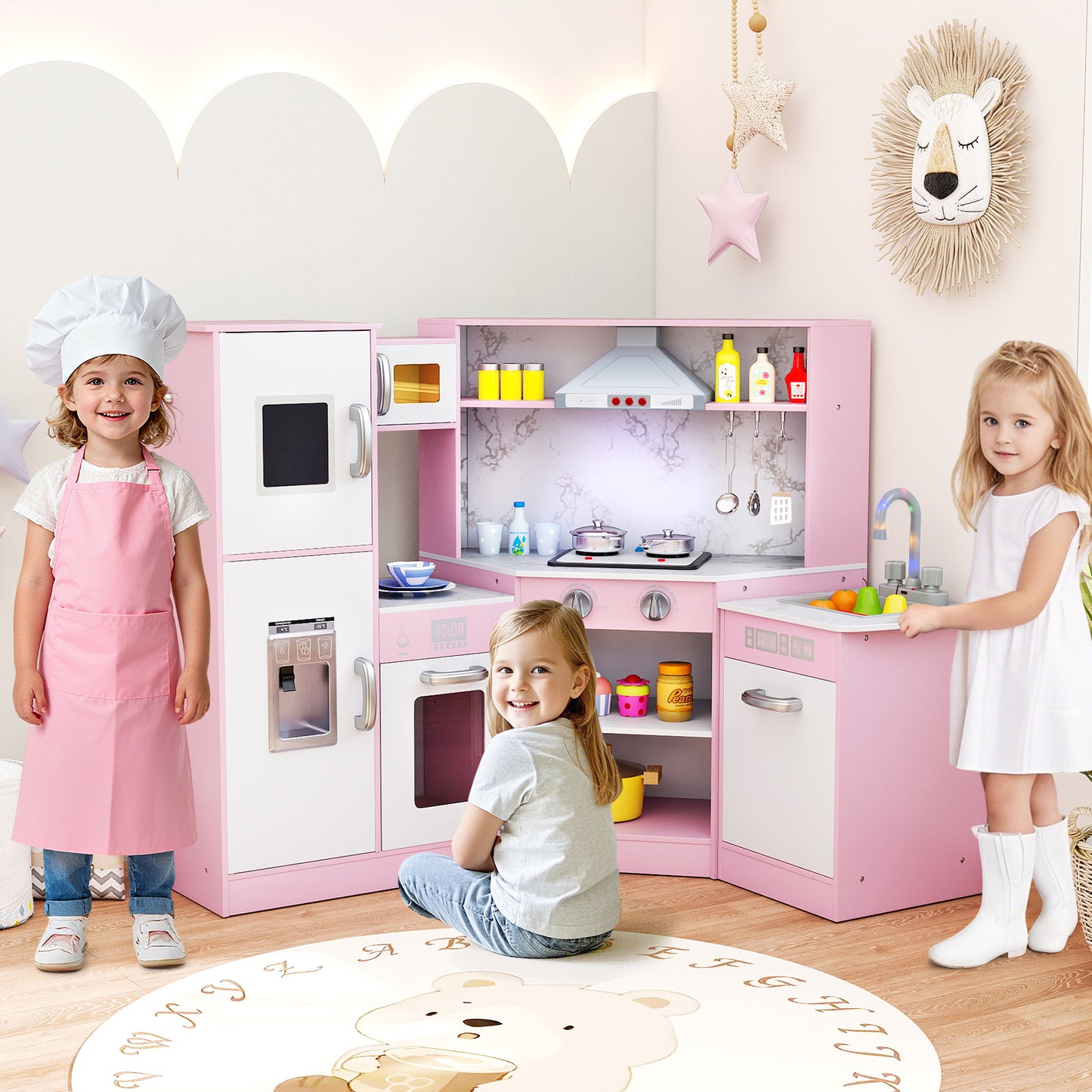 Kids Corner Pretend Kitchen Playset with Separated Washing Basin, Pink
