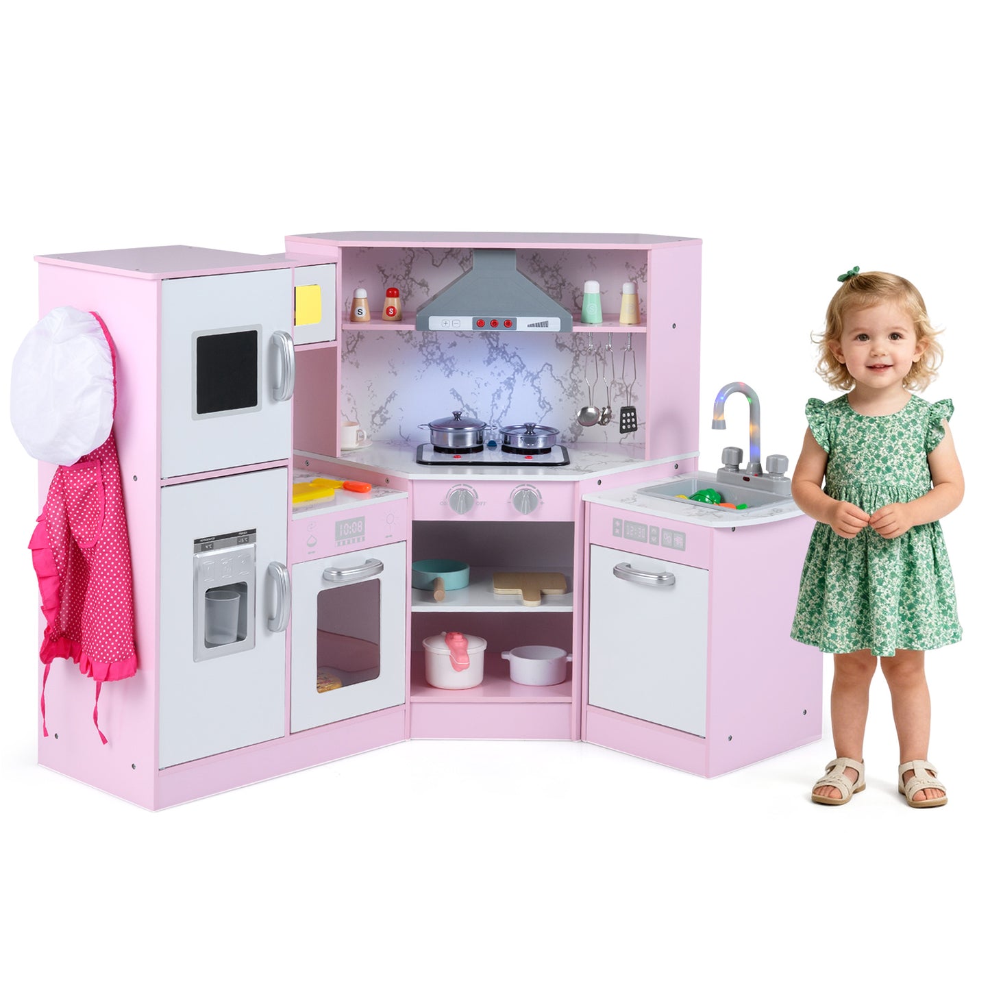 Kids Corner Pretend Kitchen Playset with Separated Washing Basin, Pink
