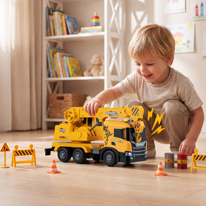 Camion grue pour enfants avec sons, bras télescopique, jaune