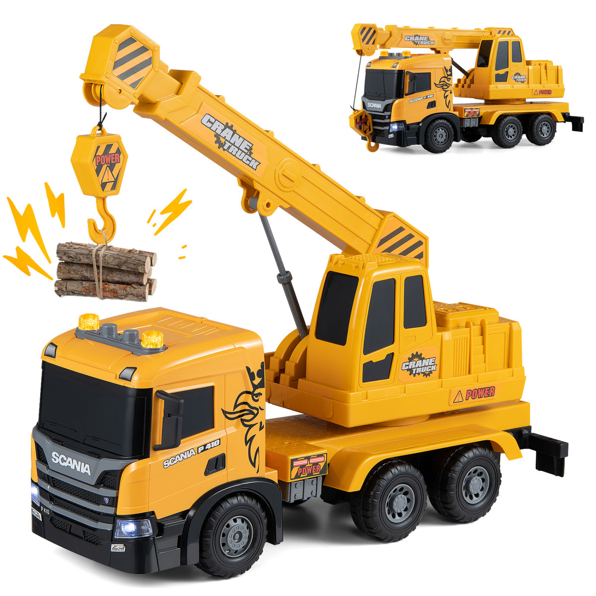 Camion grue pour enfants avec sons, bras télescopique, jaune