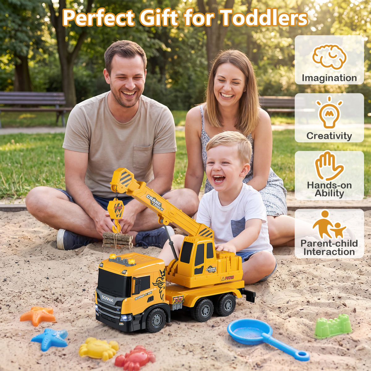 Camion grue pour enfants avec sons, bras télescopique, jaune
