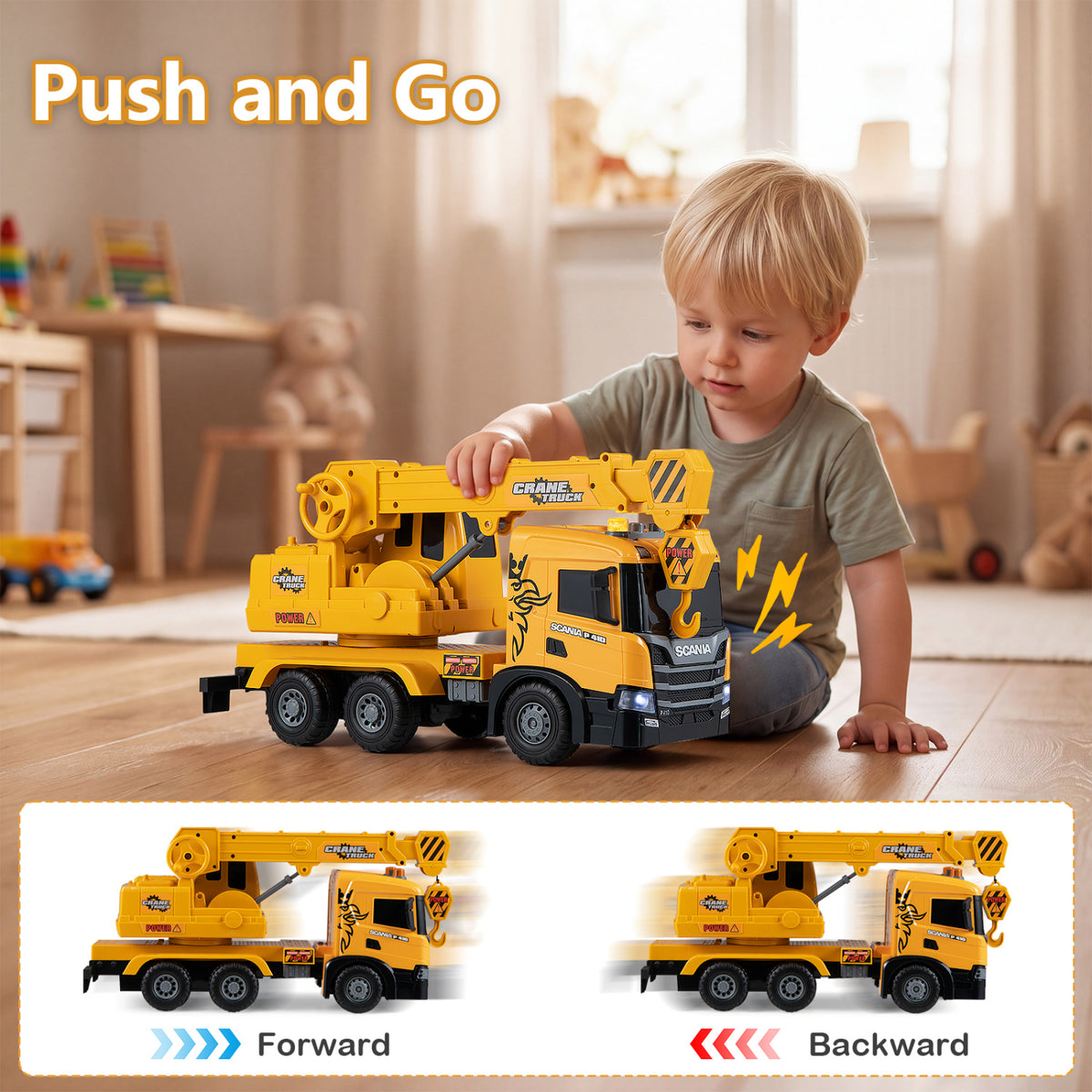 Camion grue pour enfants avec sons, bras télescopique, jaune