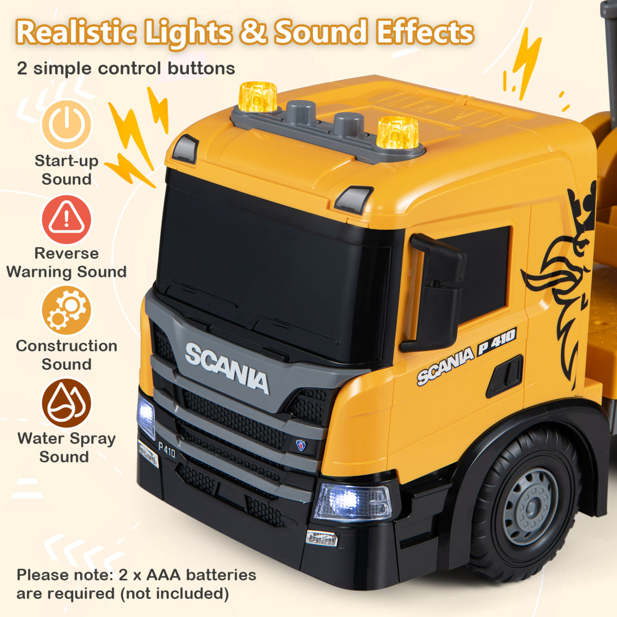 Camion grue pour enfants avec sons, bras télescopique, jaune