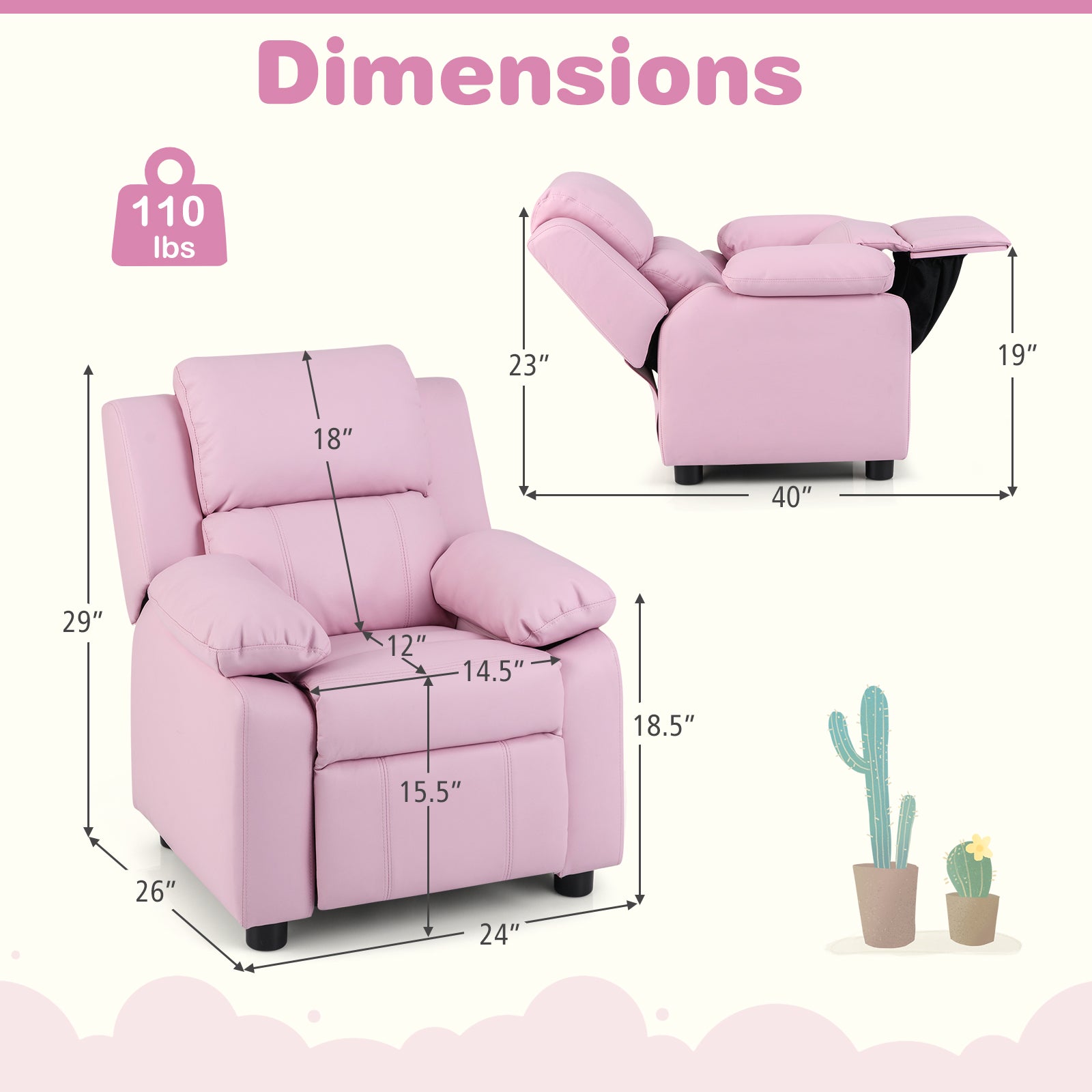 Kids Deluxe Headrest Recliner Sofa Chair with Storage Arms, Pink Kids Chairs & Seating at Gallery Canada